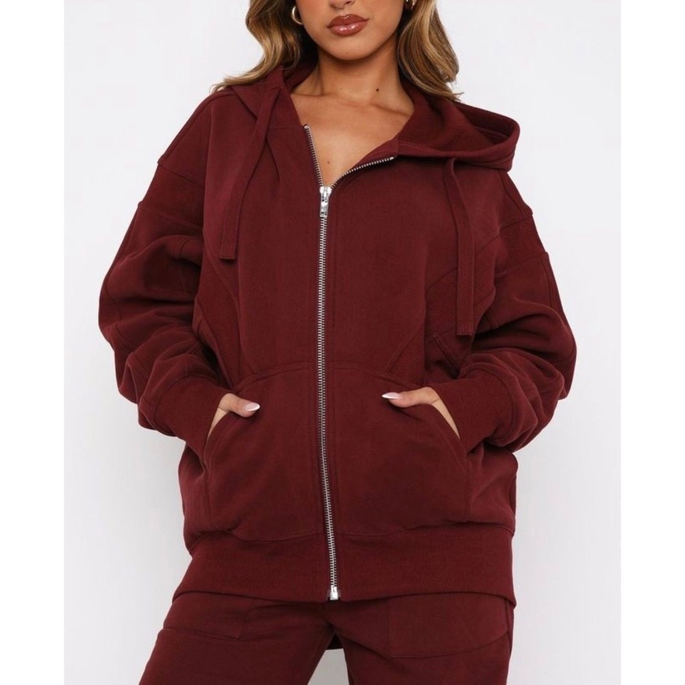 White Fox Womens S/M Everything You Want Oversized Zip Up Merlot Fleece Hoodie
